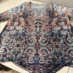 ONE WORLD Navy Multicolor Paisley Scoop Neck Long Sleeve Top